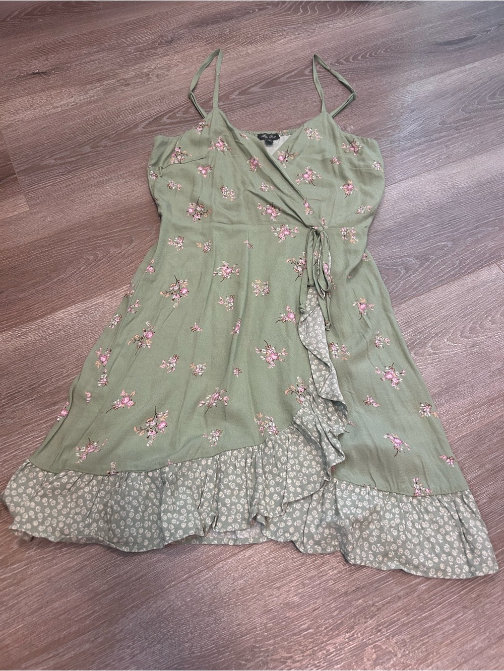 Lily Rose Olive Green Floral Wrap Mini Dress with Ruffle Trim